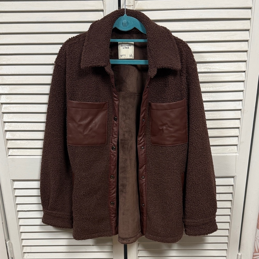 Abercrombie & Fitch Brown Teddy Jacket with Faux Leather Accents